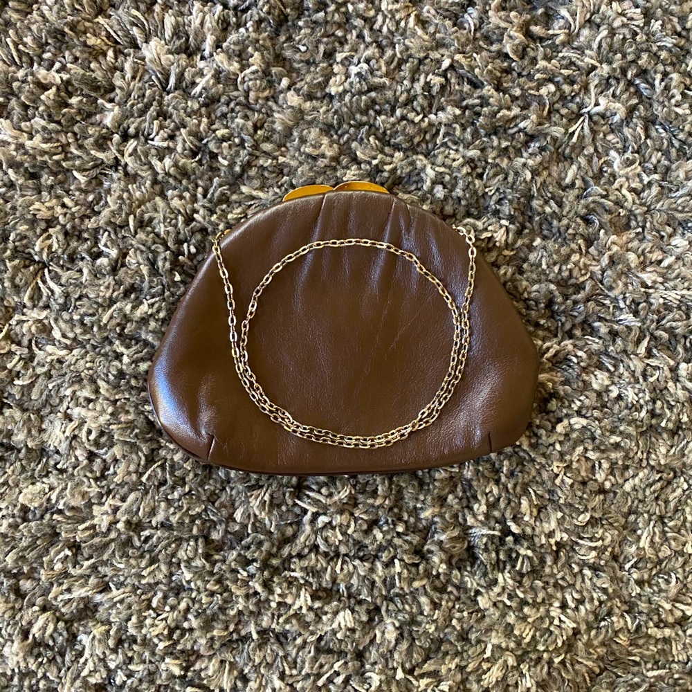 Vintage Brown Leather Clasp Chain Strap Purse